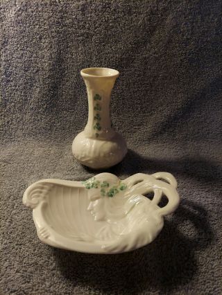 Belleek Parian China Art Nouveau Butter Plate 6 1/2 " L And Vase 5 1/2 " H