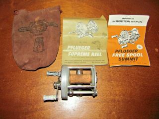 Early Vintage Pflueger Supreme Fishing Reel With Leather Pouch & Booklets