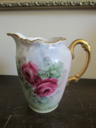 Limoges Porcelain France Hand Painted 4 1/2 " Creamer Milk Pitcher Roses Signed