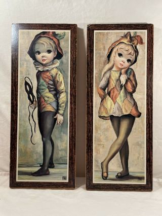 2 Maio Litho Prints / Wall Plaques - Big Eyes Harlequin Boy And Girl 15 " X6 "