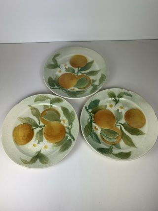 Vintage St Clement France Majolica Orange Fruit Blossom 3 Plates 8.  5”