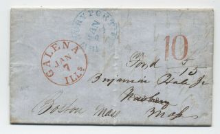 1851 Galena Il Stampless Red Cds Large 10 Forwarded Newburyport Ma [5806.  438]