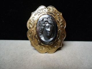 Vintage Gold Tone Metal & Charcoal Gray Lady Cameo Brooch Pin