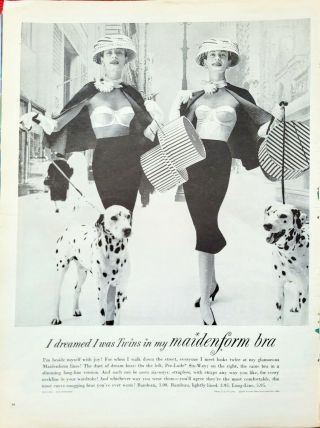 1956 Maidenform Bra I Dreamed I Was Twins Women Walking Dalmations = Vintage Ad