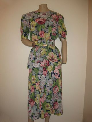 Vintage 80s 90s Leslie Fay Pink Green Rose Floral Belted Peplum Waist Dress S/m