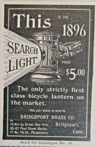 1896 Bridgeport Brass Co.  Antique Bicycle Lantern Light Vintage Print Ad