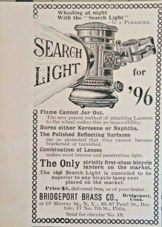 1896 Bridgeport Brass Antique Bicycle Search Light Connecticut Vintage Print Ad
