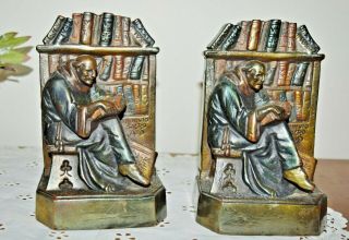 Antique Bronze Bookends Armor Bronze Monk Reading Book Shelves 1920s