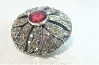 Wonderful Vintage Sterling Silver Clear And Red Rhinestone Brooch Great On