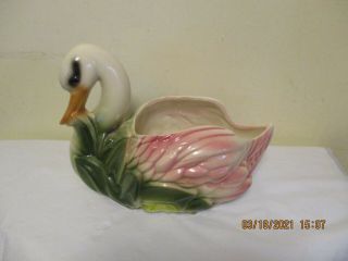 Vintage Swan Large Pottery Planter Ungemach Style Pink & Green,  Orange Beak