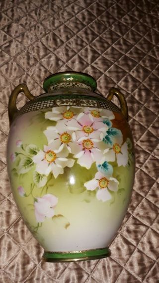 Large Vintage Double Handled Hand Painted Nippon Floral Vase W Gold Trim Wow