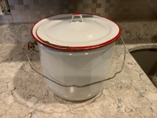 Vintage White Enamel Ware Chamber Pot With Lid