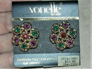 Vintage Vonelle Swarovski Crystal Green Red Flower Goldtone Clip Earrings Jewel