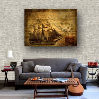 Canvas Poster Vintage Oil Paint Pirate Sailing Boat Treasure World Map Decor S46