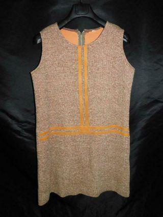 Vintage 60s M L Brown Wool Tweed Dress Leather Trim Sleeveless Mcm Mod Knee