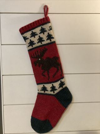 Vintage Christmas Cove Designs 100 Maine Wool Stocking Moose Trees Red Green
