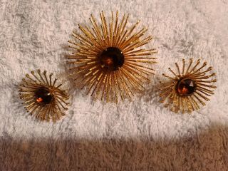 Vintage Sarah Coventry Atomic Starburst Gold Tone Amber Brooch Clip Earrings Set