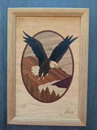 Vintage Hudson River Inlay Wood Marquetry Eagle In Flight Signed " Nelson " Art