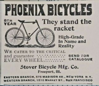 1896 Freeport Illinois Phoenix Antique Bicycle Art Stover Mfg.  Vintage Print Ad