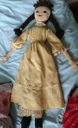 Vintage Antique Handmade 31” Cloth Rag Doll W/embroidered Face Br/r Yarn Hair