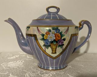 Vintage Porcelain Blue Lusterware Hand Painted Teapot - Florals Stripe