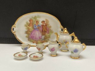Vtg Tea Set Miniature Dollhouse Limoge France Tray Hand Painted Courting Couple