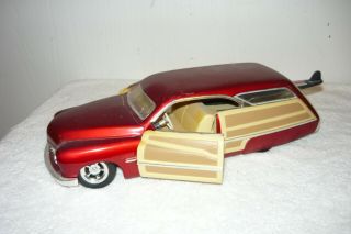Vintage Hotwheels Custom Merc Woodie Red 1/18 Diecast Car.  With Surf Board