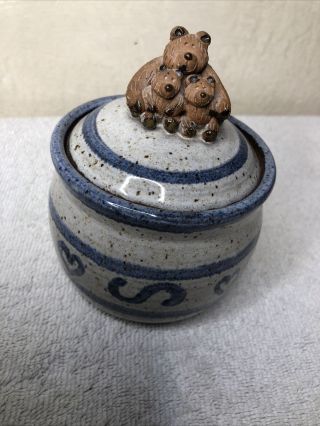 Vintage Blue & Speckled Rust Glazed Studio Pottery Covered Bowl - Signed