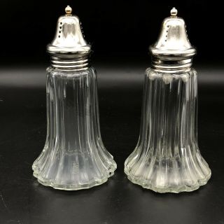 Vintage Cut Crystal Silver Plated 5.  5 " Tall Salt & Pepper Shakers,  Made In Japan