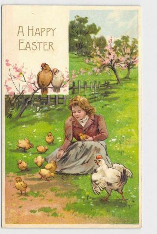 Antique Postcard Easter Girl Chicks Hen Field With Flowers And Blooming Trees Li