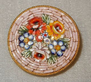 Lovely Vintage Micro Mosaic Round Floral Brooch - Italy,  Gold Trim,  1 1/2 " Wide
