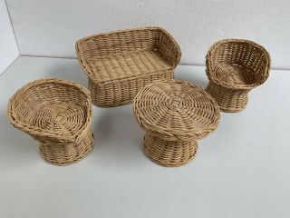 4 Pc Set Of Vintage Barbie￼ Wicker Rattan Doll House ￼furniture For 12” Dolls￼￼