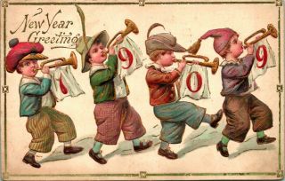 Antique Postcard " Year Greeting " Boys Blowing Horns 1909