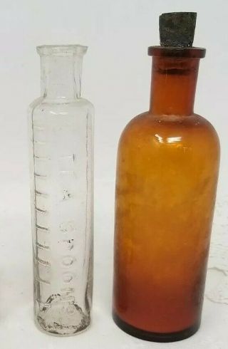 Vintage Antique Medicine Bottles Amber Powder Glass Stopper Teaspoons Measure