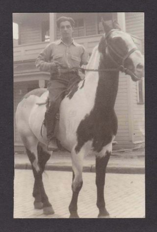 Handsome Guy Horseback On Paint Horse Old/vintage Photo Snapshot - T450