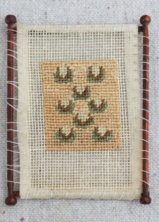 Antique Vintage Artisan Made Dollhouse Miniature Tapestry Embroidery Wood Loom