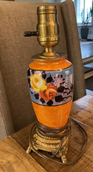 Vintage Japanese Lustreware Floral Boudoir Lamp Light With Cast Metal Base
