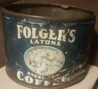 Rare Find Vintage Antique Folger’s Latona Steel Cut Coffee Tin Can 3 Horses