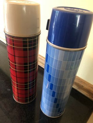 Pair Vintage Thermos Brand Red Plaid And Blue Tile Large Size Thermos