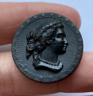 Antique Vintage 19th C Large Carved Horn Picture Button Ladies Head Cameo