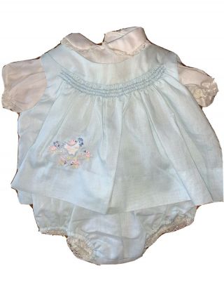Infant Girl’s Blue Vintage 3 Pc Dress & Bloomer Set,  Churbs,  Sz.  3 - 6m Chickens