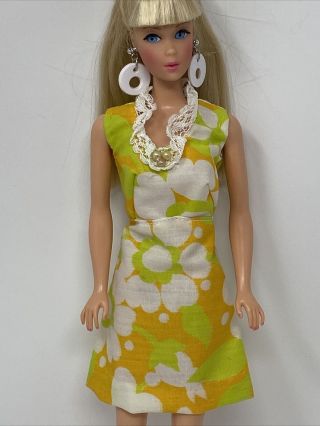 Vintage Barbie Clone Doll Clothes Yellow Gold White Green Flower Print Dress