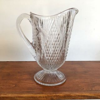 Antique Eapg Pressed Glass Diamond W/ Dual Fan Beverage Water Pitcher Footed
