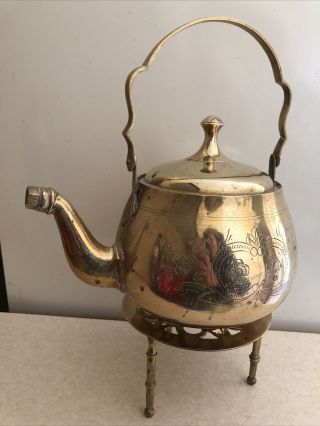 Vintage Large Brass Kettle / Teapot On Trivet Stand Ornament