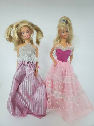 Two Vintage Barbies In Pink Gowns Dresses Mattel 1966 No Shoes Dream Glow