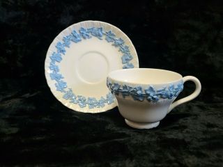 Wedgwood Embossed Queensware Tea Cup & Saucer Cream & Blue / Lavender Shell Edge