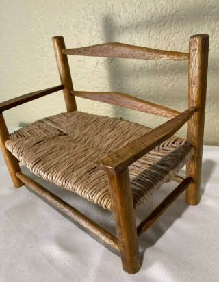 Vintage Wood Doll Bench 7x9 " With Natural Woven Seat