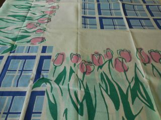 Mcm Vintage Cotton Tablecloth Pink Blue Green Tulips 50 " X 48 " Farmhouse Chic