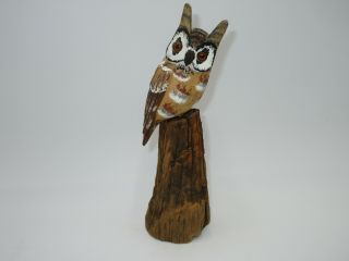 Vtg 7 1/2 " Hand Carved Signed James C Powers Wooden Owl Figure Painted Wood