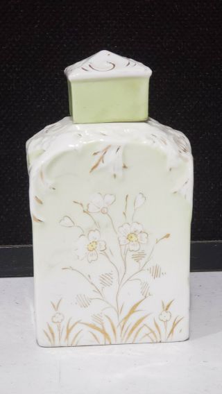 Antique Square Hand Painted Porcelain Gold Flowers Dresser Jar Bottle With Lid